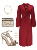 european and american plus size wine red lapel dress - v-neck wrap with twist detail, button closure, and lantern sleeves