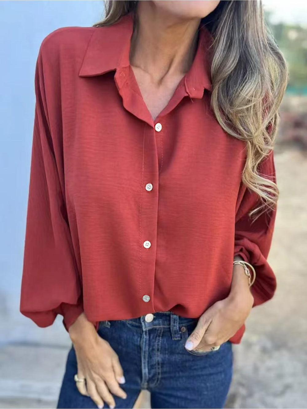 new autumn/winter versatile long-sleeve women's turn-down collar button-down shirt top