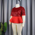 Am030526tautum round neck three-quarter sleeve sequintops ruffle hem waist easiest for match women's clothing spangle