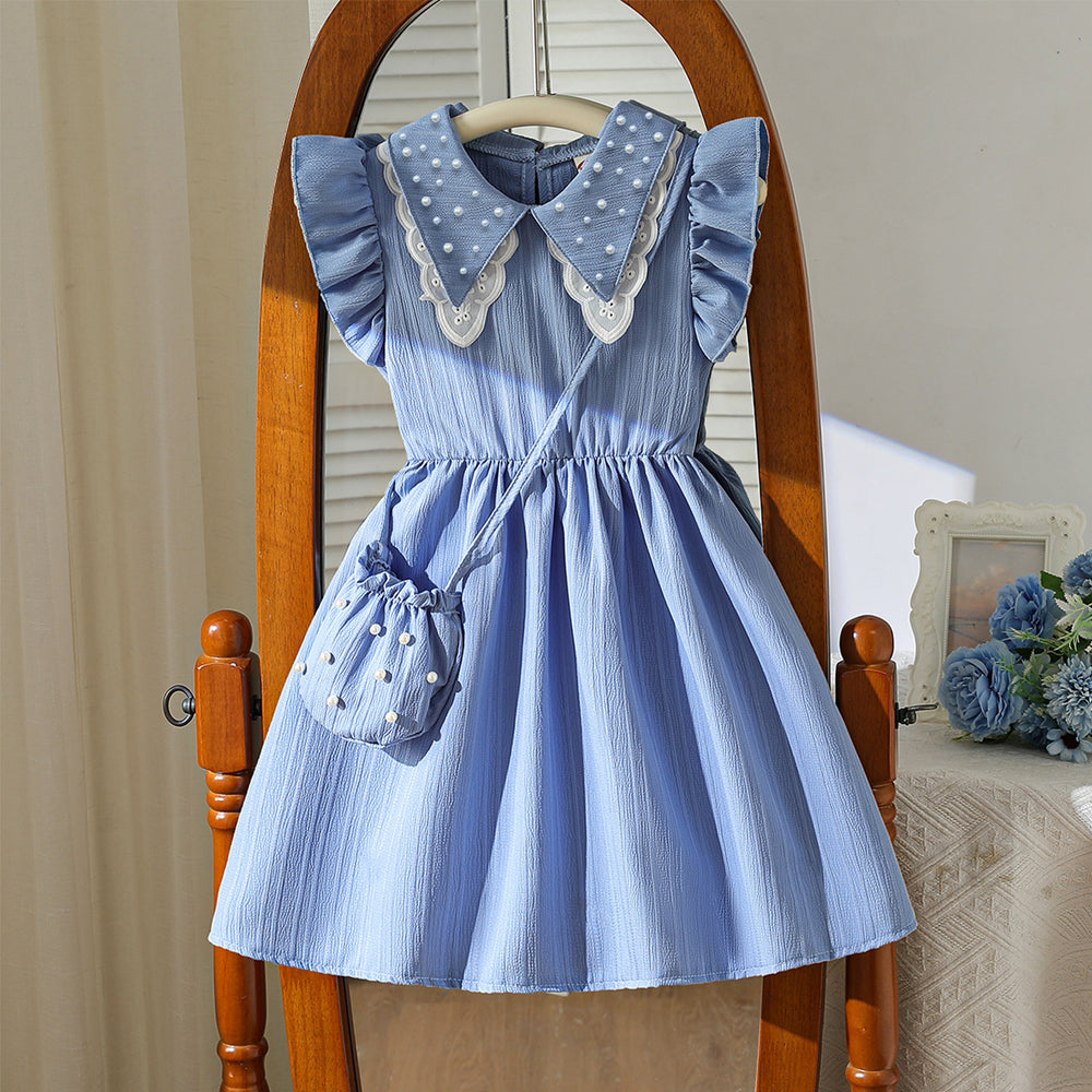 hot-selling  export: new trendy flared sleeve beaded bubble double-layer collar dress with matching bag two-piece set