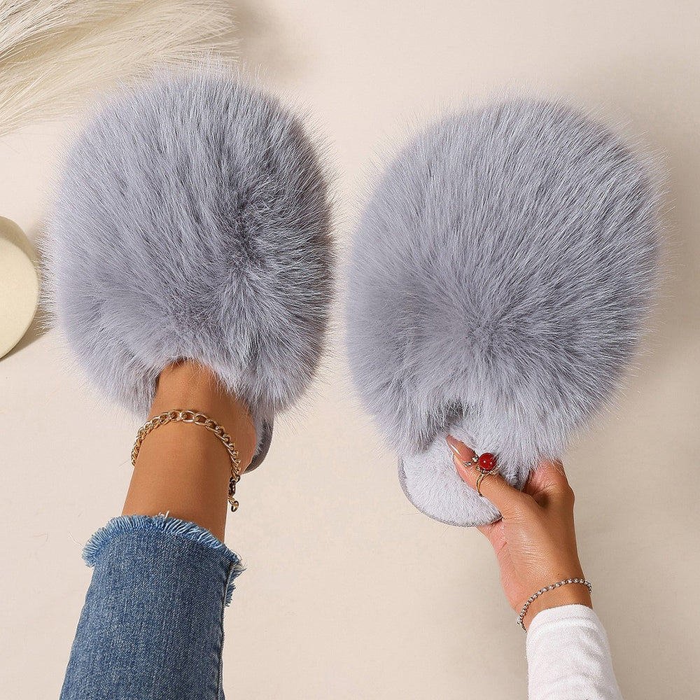 plus sizepure color fluffy large fur slippers soft bottom winter toe-cap home heattech multi-color cotton slippers