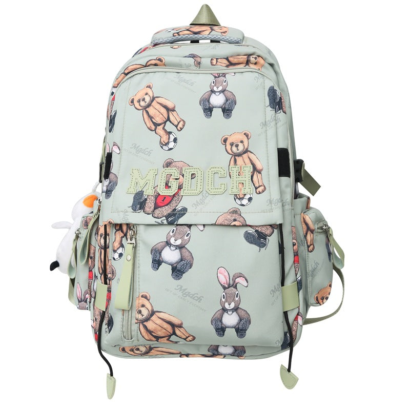 New schoolbag for female junior high school students, simple printed bear, large-capacity backpack, trendy college student couple computer bag
