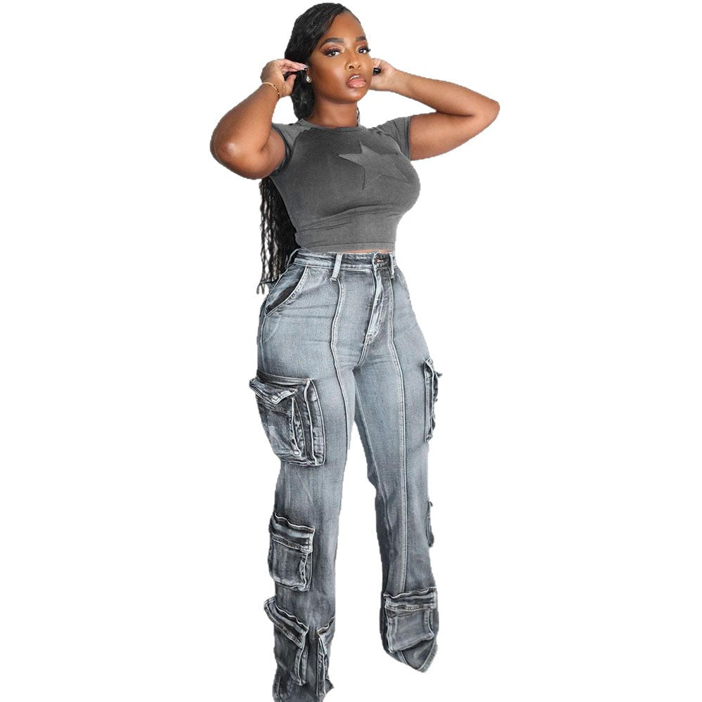 European and american style women's multi-pocket jeans -  cross-border autumn/winter fashion washed high-waisted straight-leg casual pants