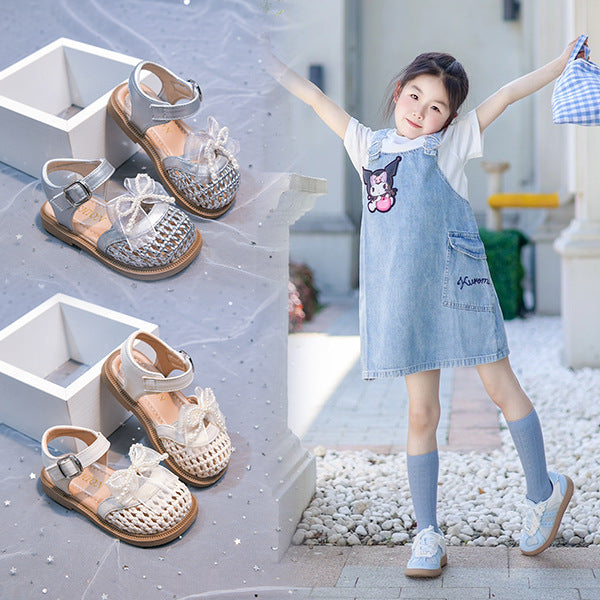 Vancahao girls' lace bowknot woven hollow-out sandals -  summer new collection - kids' closed-toe beach shoes - trendy style