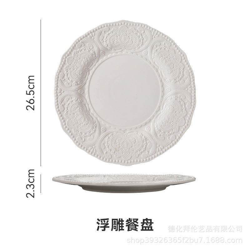 Embossed white retro western dinner plate, french steak plate, creative snack & dessert ceramic plate, cake plate