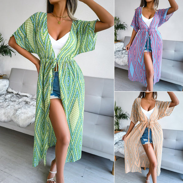 Real shot 2022 European and American casual lace-up printed chiffon cardigan long sunscreen shirt resort wind beach blouse
