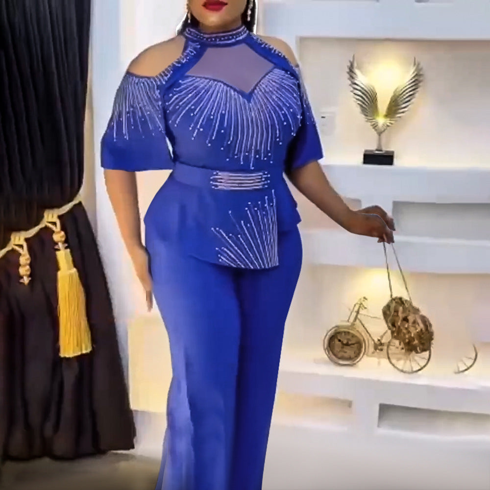 new rhinestone & beaded african  plus size women's autumn outfit: irregular top + pants two-piece set