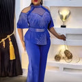 new rhinestone & beaded african  plus size women's autumn outfit: irregular top + pants two-piece set