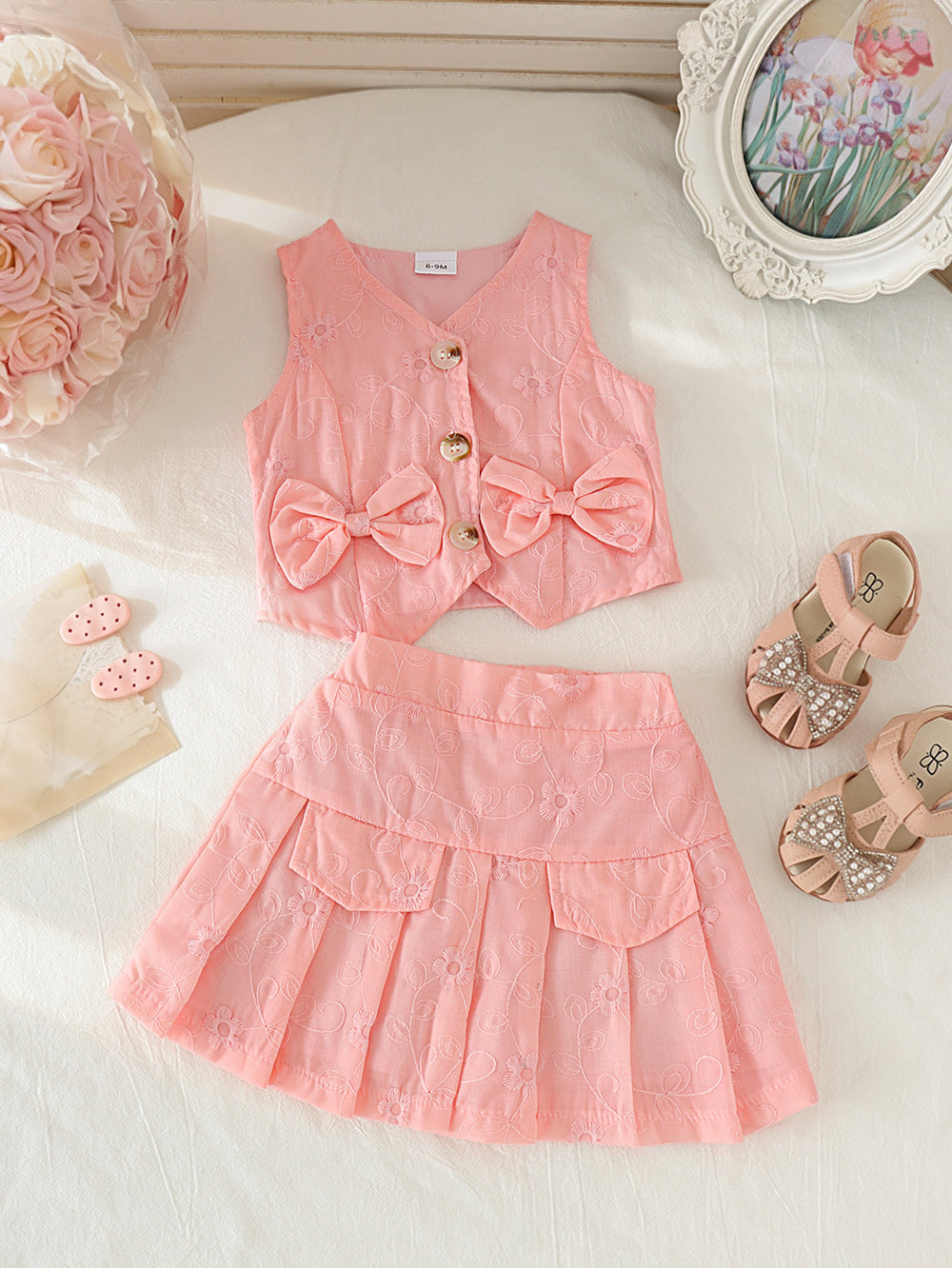 Children's clothing cross-border european and american girls pink vest + skirt two-piece set children's clothing suit