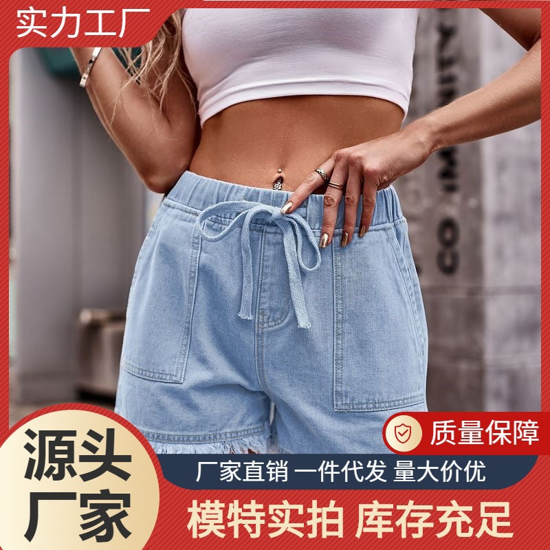 Fashion cross-border foreign trade  new elastic waist drawstring casual high waist  raw edge denim shorts women's trendy