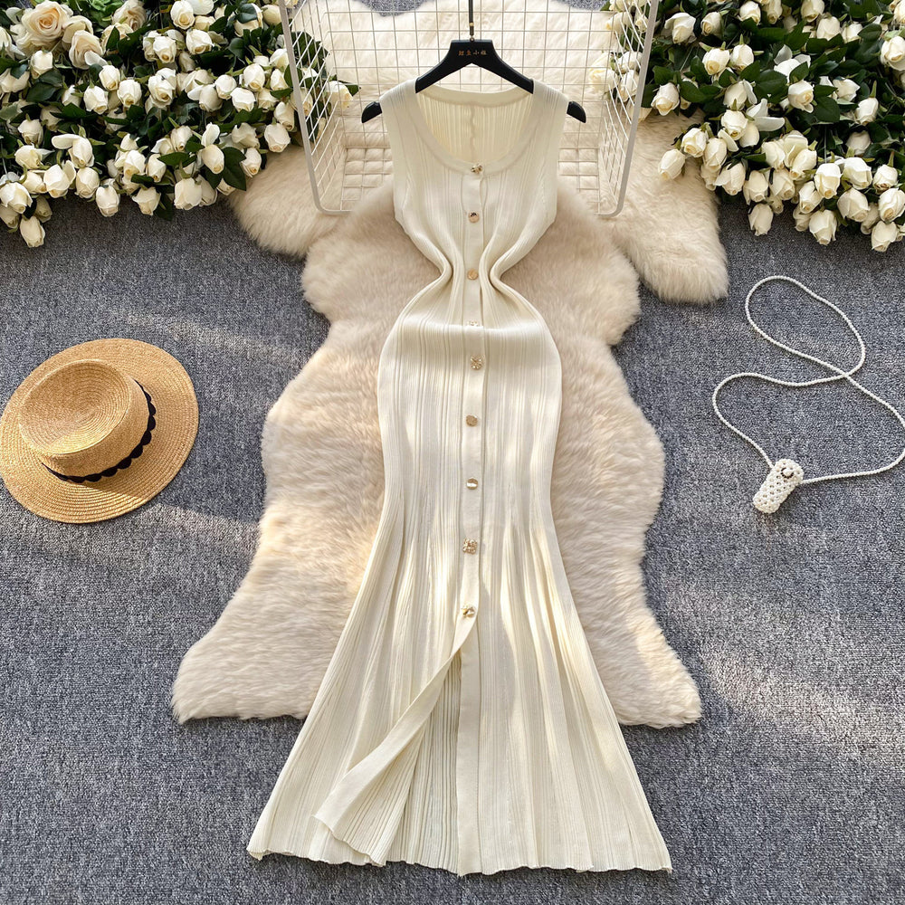 Xiaoxiangfengclassy round neck sleeveless knittingdress women's silmslimming look metal button tight hip-hugging long skirt