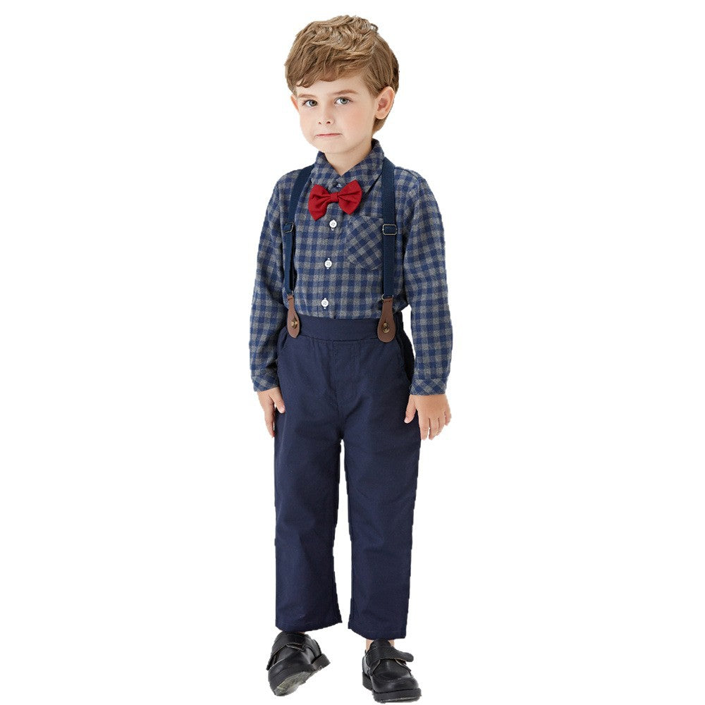 Factory direct export british style children's clothing set: long-sleeved plaid shirt and overalls - new spring collection for boys