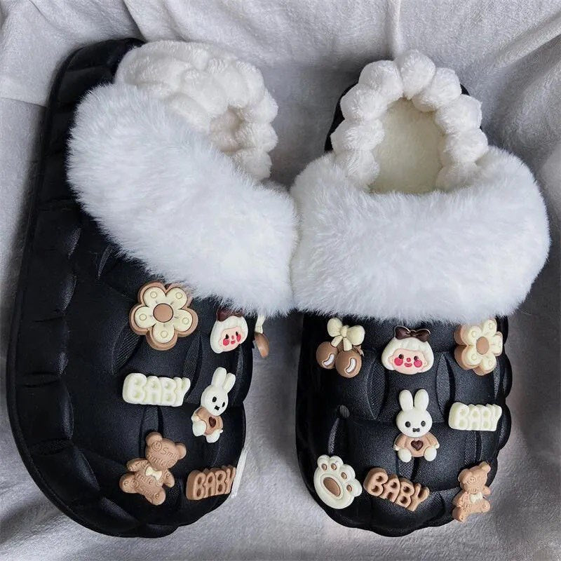 2025 cotton slippers - removable & washable, women's winter home & outdoor wear, thick sole, closed heel, fleece-lined, cartoon design, warm & cozy
