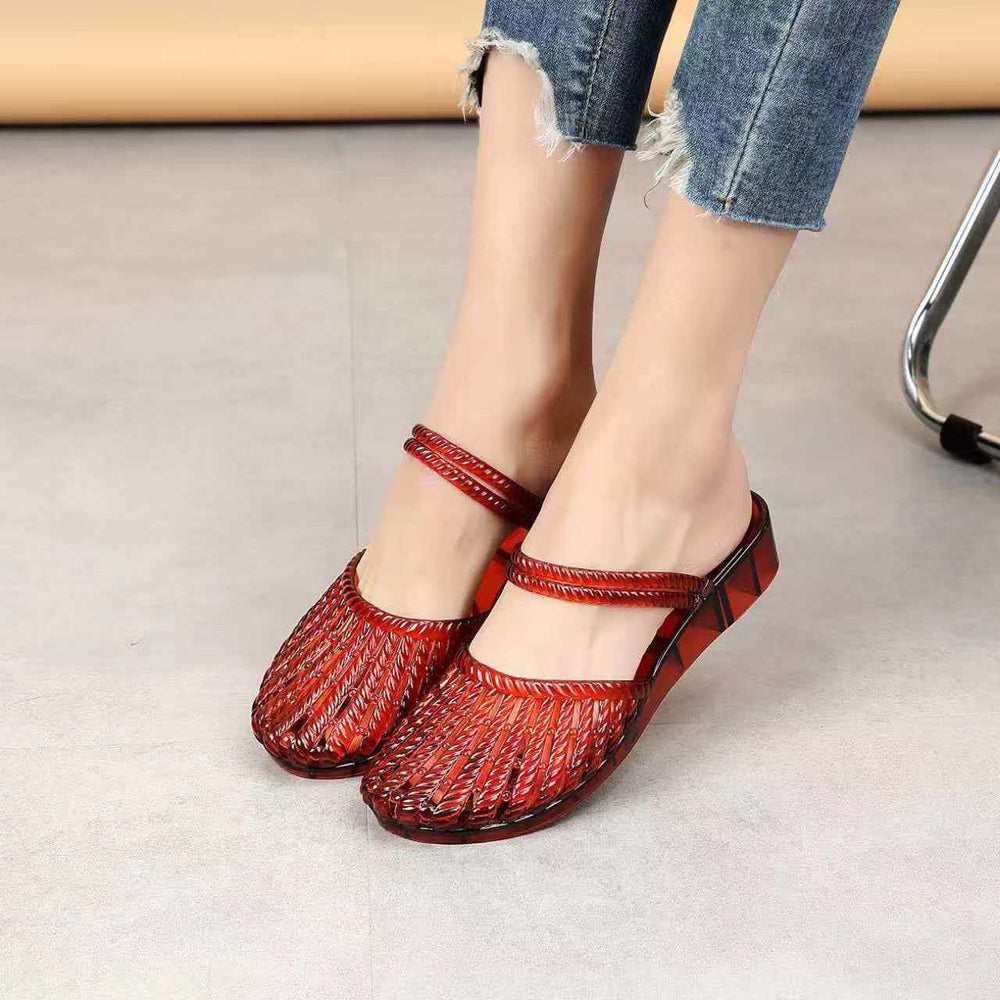 Trending crystal-toe slippers: women's summer hollow-out, versatile, transparent, wear-resistant, thick-soled, non-slip wedge sandals