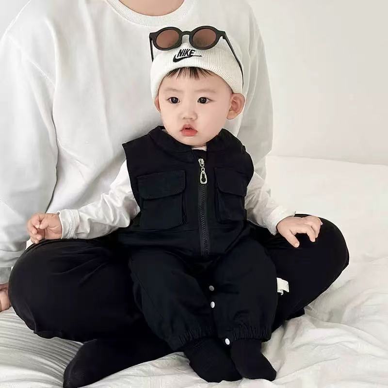 Baby boys' and girls' spring/autumn workwear pocket lightweight overalls two-piece set - stylish and minimalist outerwear spring/autumn outfit