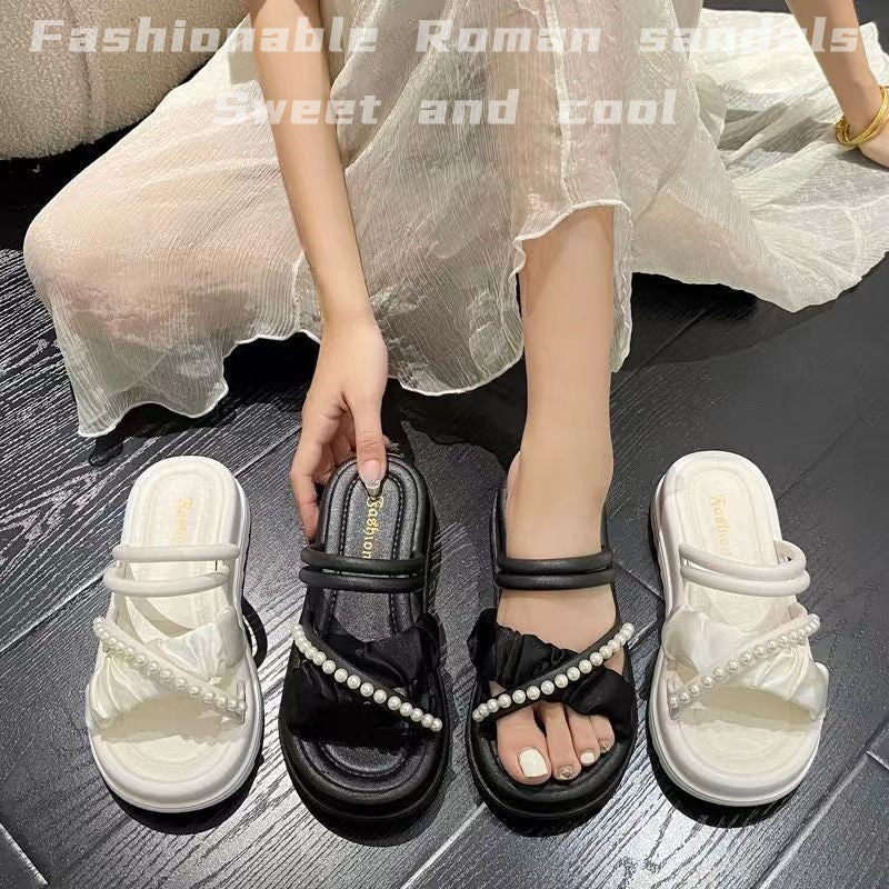 2025 summer new roman two-wear sandals thick sole fairy pearl heightening outweareasiest for matchfrenchelegant sandals