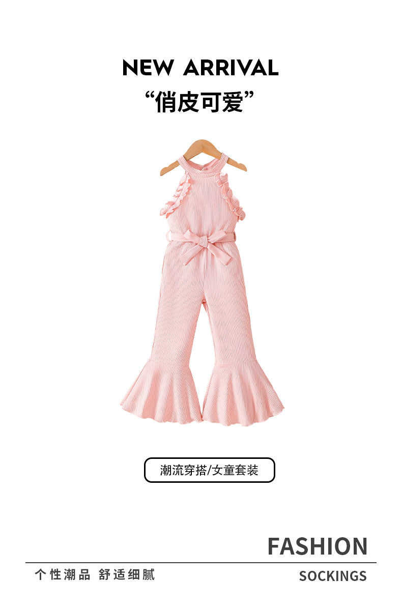 children's summer camisole top and flared pants set, in a blush pink ribbed knit, for girls. includes a vest top and long pants