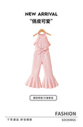 children's summer camisole top and flared pants set, in a blush pink ribbed knit, for girls. includes a vest top and long pants