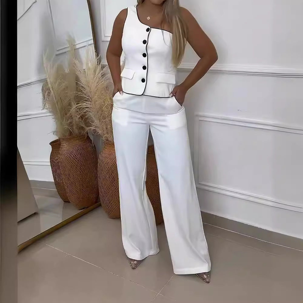 european and american style women's solid color one-shoulder sleeveless single-breasted top + high-waisted slimming wide-leg pants two-piece set