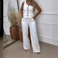 european and american style women's solid color one-shoulder sleeveless single-breasted top + high-waisted slimming wide-leg pants two-piece set