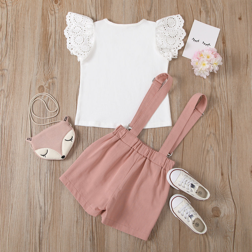 european and american cross-border new arrival: solid color hollow-out flutter sleeve crew neck top with detachable strap shorts skirt set