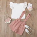 european and american cross-border new arrival: solid color hollow-out flutter sleeve crew neck top with detachable strap shorts skirt set