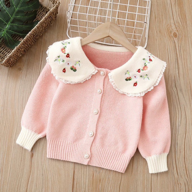 Girls' cardigan sweater, children's knitwear,  autumn/winter new arrival, turn-down collar embroidered girl's outerwear, little girl's top