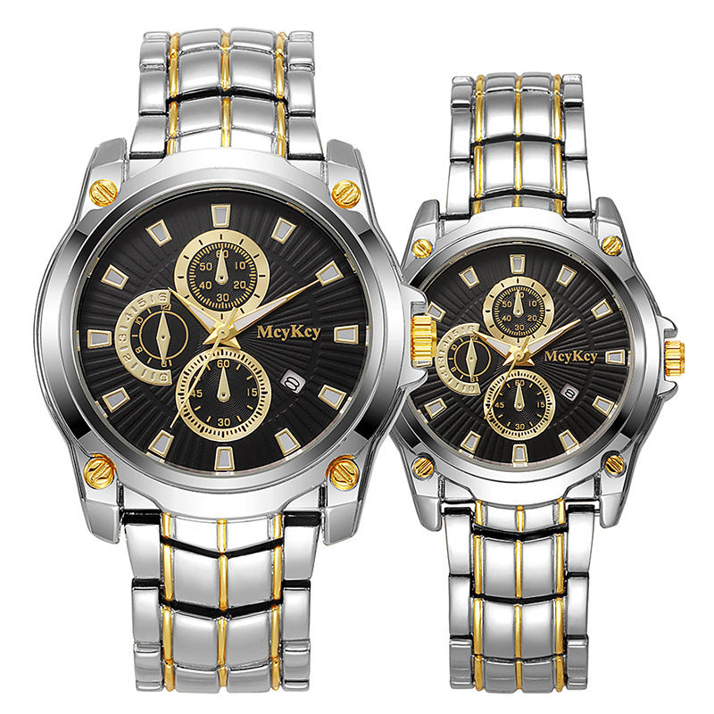 New arrival cross-border alloy couple steel band watch classic business three-eye large dial waterproof quartz watch manufacturer wholesale