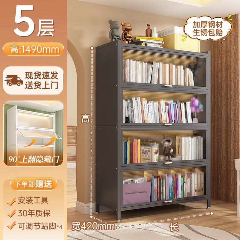 Steel bookcase with doors, dustproof storage rack, all-in-one wall-mounted multifunctional kids' bookshelf, freestanding storage cabinet for home use