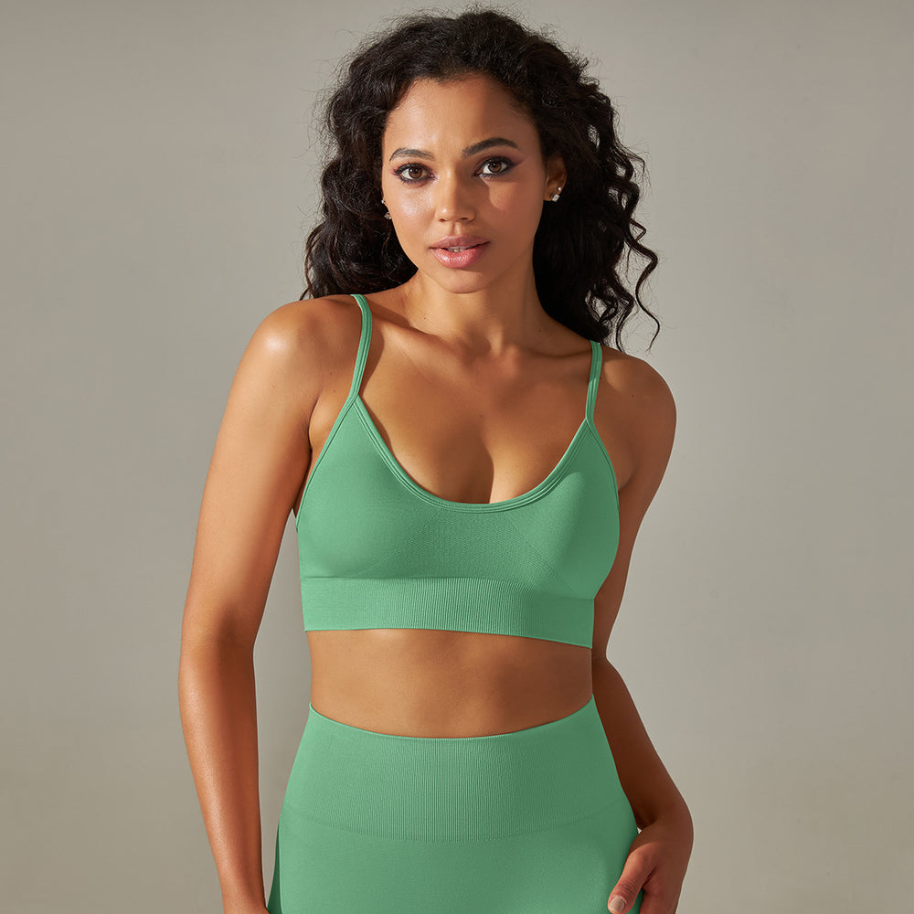 New arrival seamless knittingsexy back yoga clothes thin shoulder strap sports bra bubble wrap push-up fitness vest