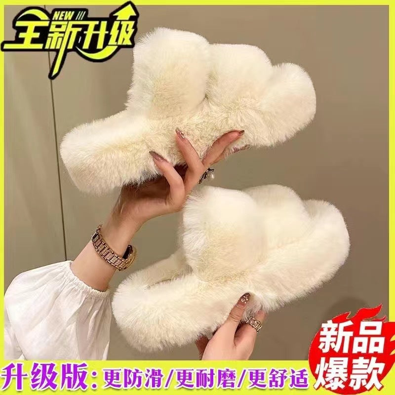 New arrival parallel strap best selling fur slippers for women fall and winteroutwearplatform shoesthick soleheight-increasing soft bottomfor homeoutwear cotton slippers