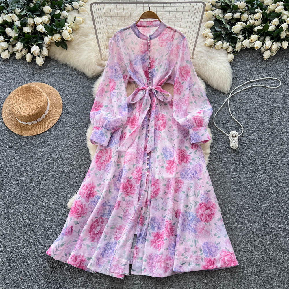French chic elegant dress - women's autumn  collection: court style, tie-waist, slimming, single-breasted, printed maxi dress
