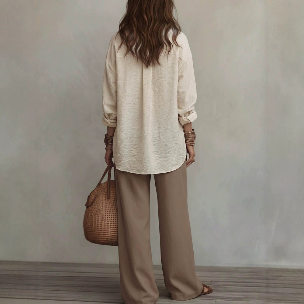 Fashion cross-border plus size cotton and linen shirt suit lapel long sleevesloose shirt high waistloose pantstwo-piece set