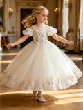 fashion style girl dress off-shoulder accessible luxuryretro palace flower girl wedding dress catwalk kids princess dress in stock
