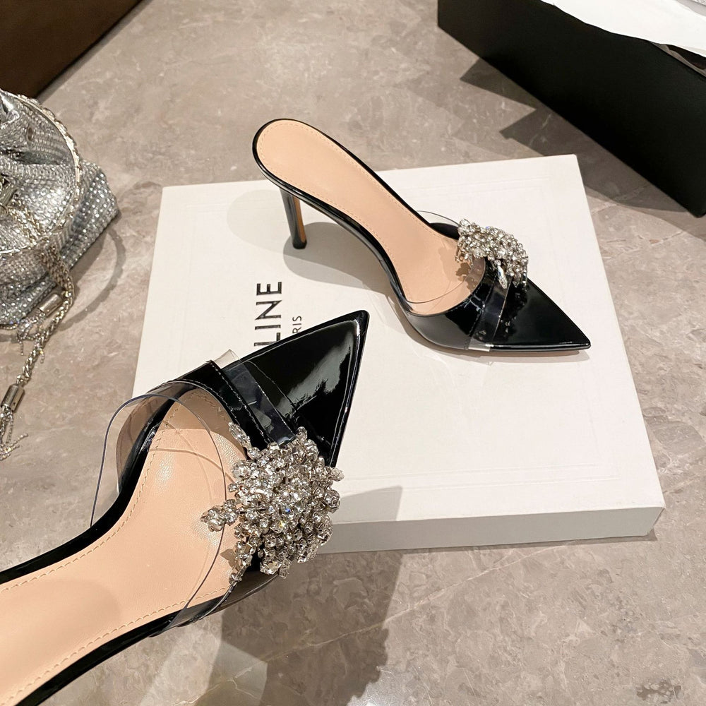 Yx2026 new silver pointed-toe rhinestone thong sandals - women's stiletto open-toe high heel mules - fashionable outdoor wear