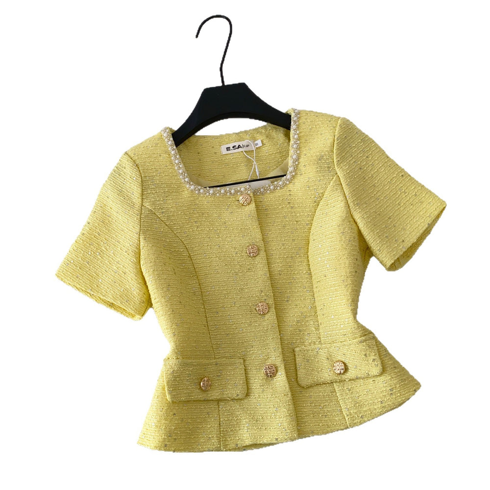 French style beaded square neck short sleeve blouse - women's commute top with sequins, elegant, slimming, and figure-flattering