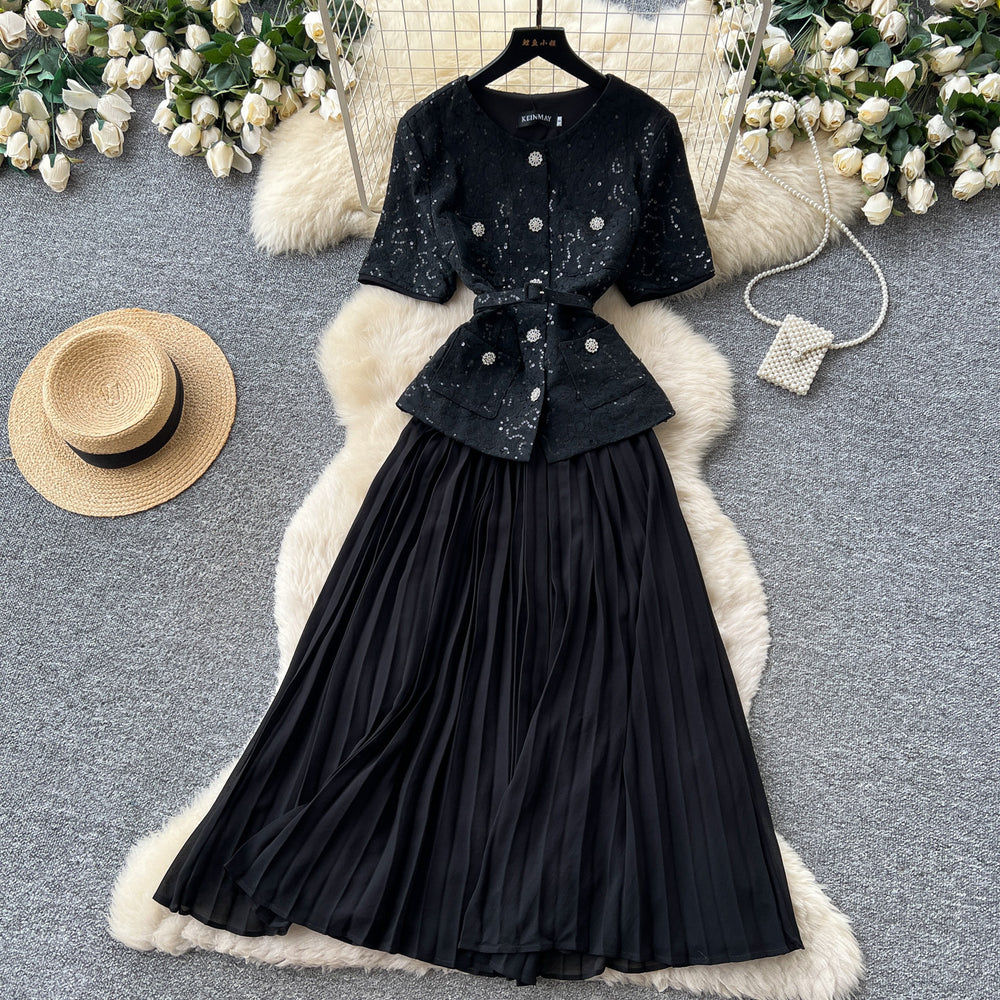 Xiaoxiangfengsequin short-sleeved sequinpleated dress women's summerclassy waist slimming lookpleated long skirtwork clothing
