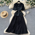 Xiaoxiangfengsequin short-sleeved sequinpleated dress women's summerclassy waist slimming lookpleated long skirtwork clothing