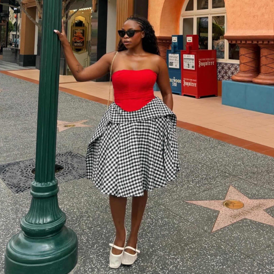 European and american cross-border women's fashion:  summer new arrival - elegant high-waisted, slimming, versatile, irregular plaid a-line midi skirt