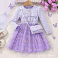 New girls' long-sleeve star mesh dress with matching mini bag
