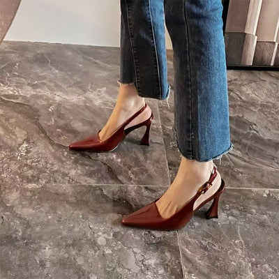 Patent leather fashion stiletto pointed-toe high heels - 2025 spring new arrival - bestselling burgundy thong sandals for women