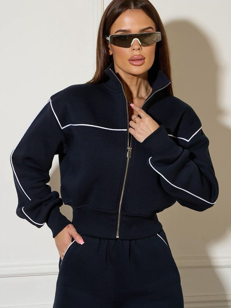 European and American new women's clothing casual long-sleeved line zipper cardigan trousers two-piece set women's fashion sports suit