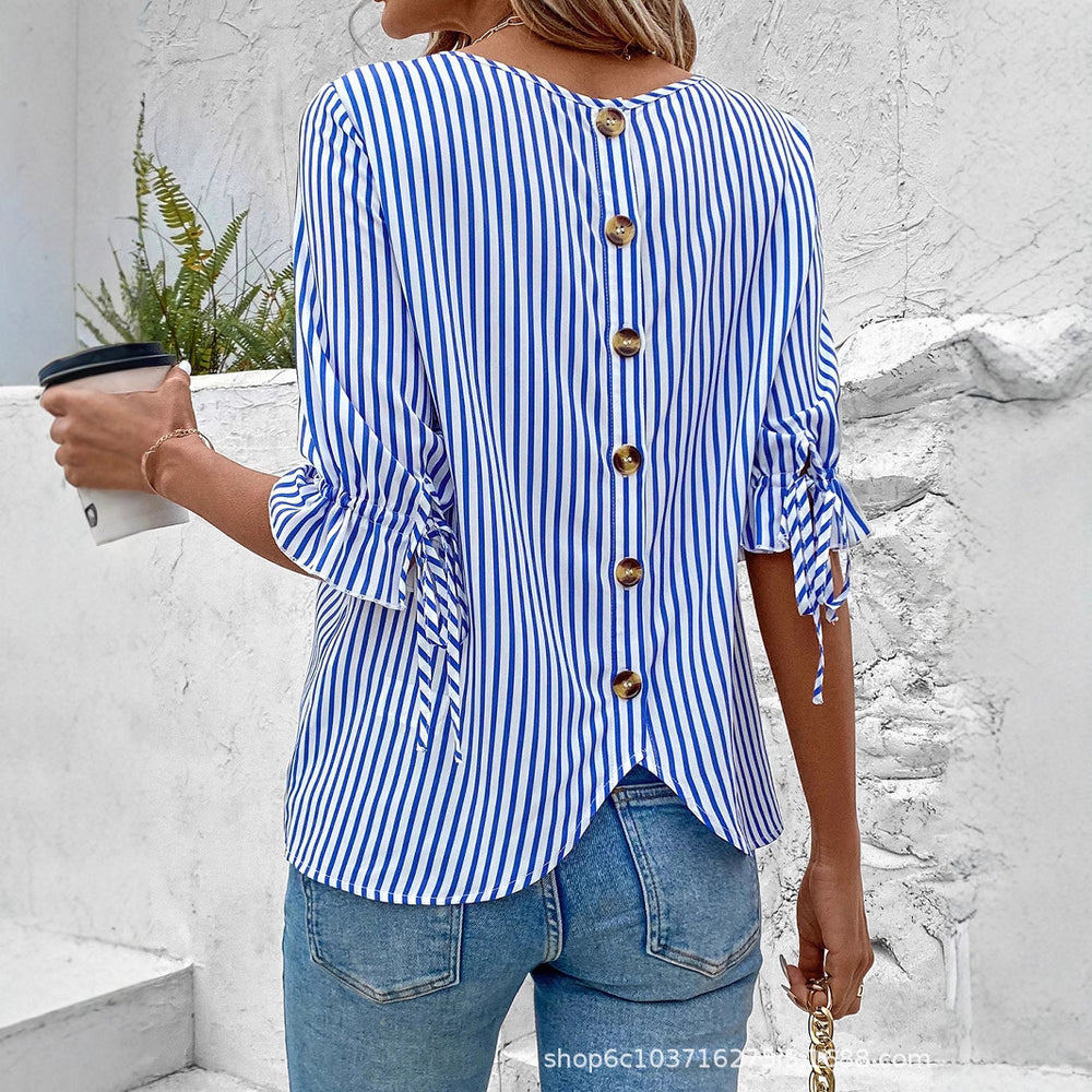 European and american cross-border women's clothing : spring/summer striped cardigan blouse - new loose fit casual women's top