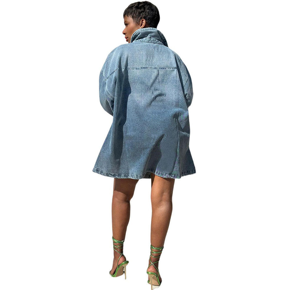 European and american style loose-fit dress -  new arrival - cross-border women's fashion - trendy turn-down collar gradient long-sleeve denim dress