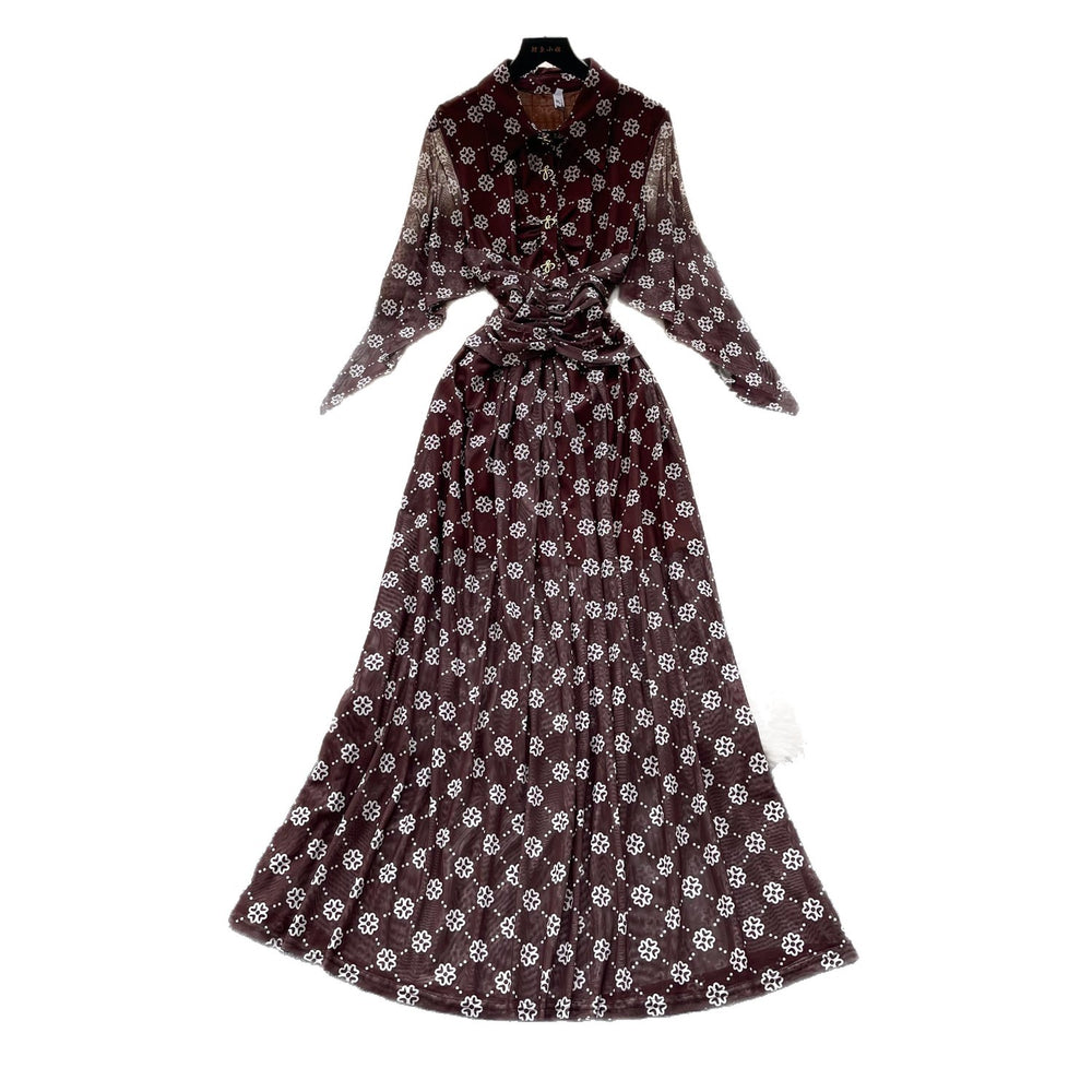 Vintage polka dot dress women's printed summer red high waist cinched waist tie waist slimming elegant long dress french elegance
