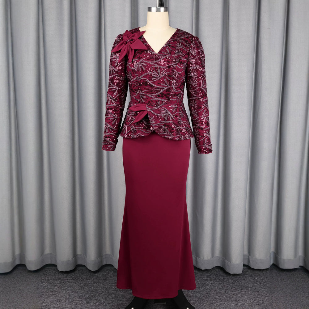 New plus size sequin party dress - 3d floral slim fit patchwork long sleeve banquet cocktail elegant evening gown