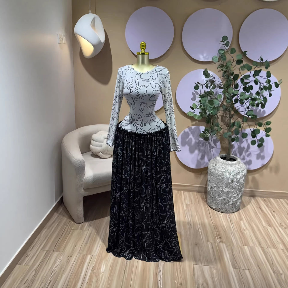 European and american cross-border women's fashion  spring new arrival: long-sleeved, round neck, printed, slim-fit, pleated, patchwork maxi dress