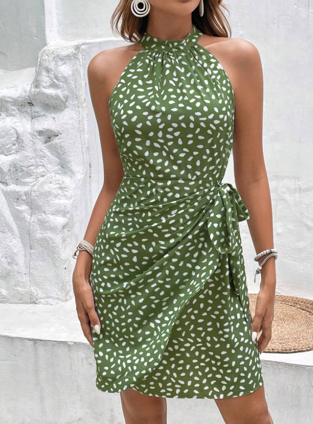 cross-border european and american style polka dot ruched dress - sleeveless halter neck dress with waist tie