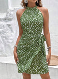 cross-border european and american style polka dot ruched dress - sleeveless halter neck dress with waist tie
