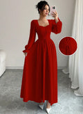 European and american cross-border  new arrival: red square neck bubble sleeve maxi dress with criss-cross tie waist